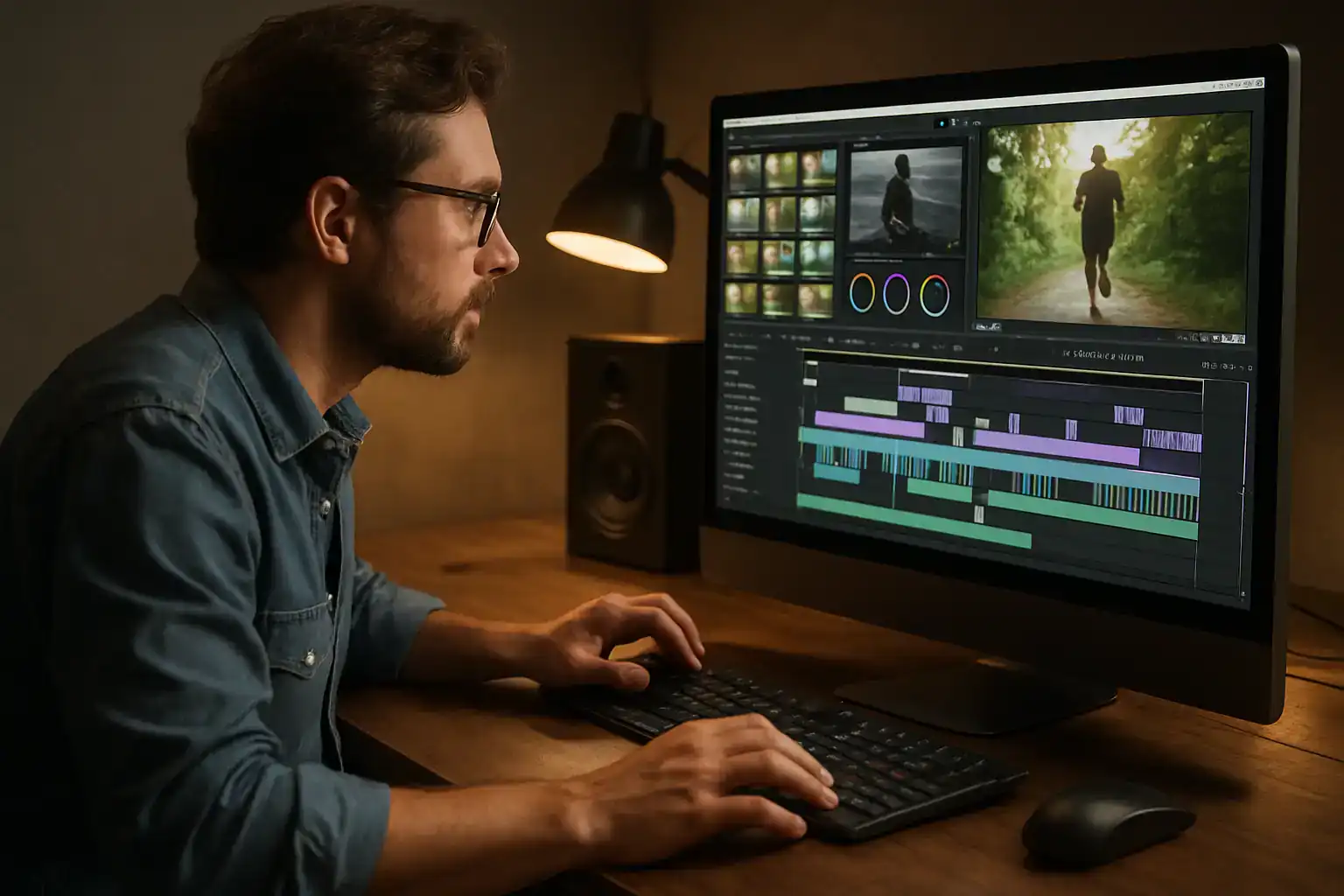 Editor Video Profesional sedang Bekerja