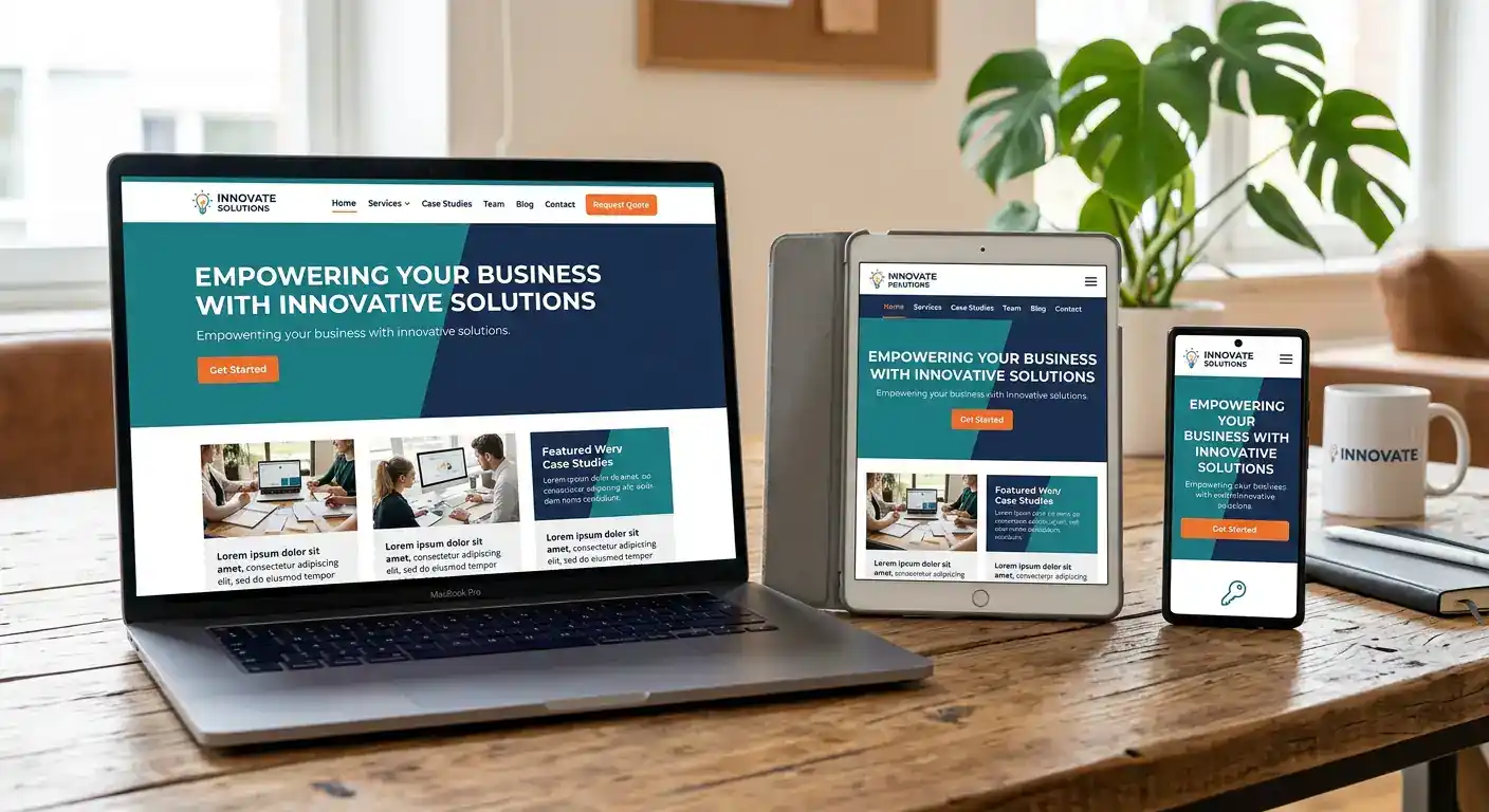 Tampilan website bisnis yang responsif di berbagai perangkat seperti desktop, tablet, dan smartphone