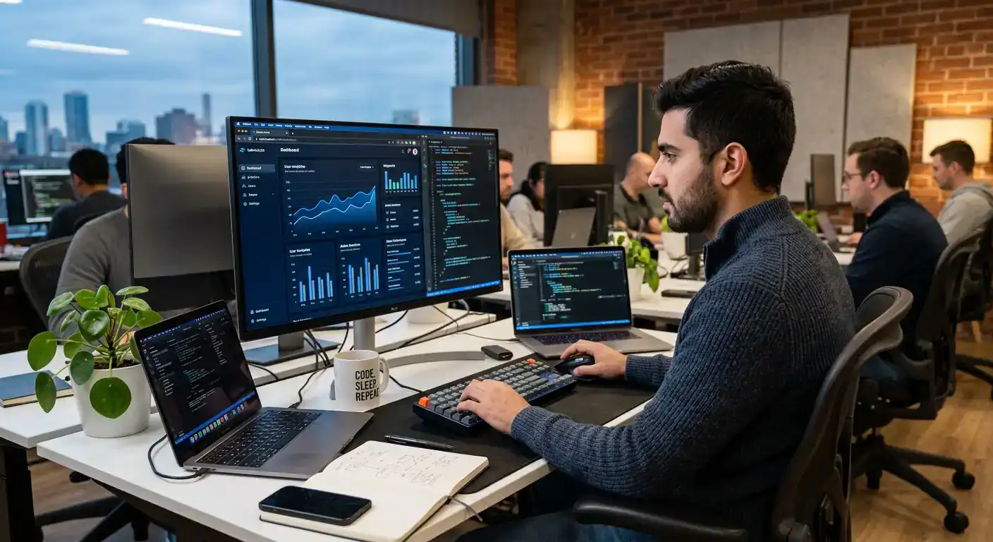 Developer profesional sedang mengerjakan dashboard website kustom dengan teknologi terkini