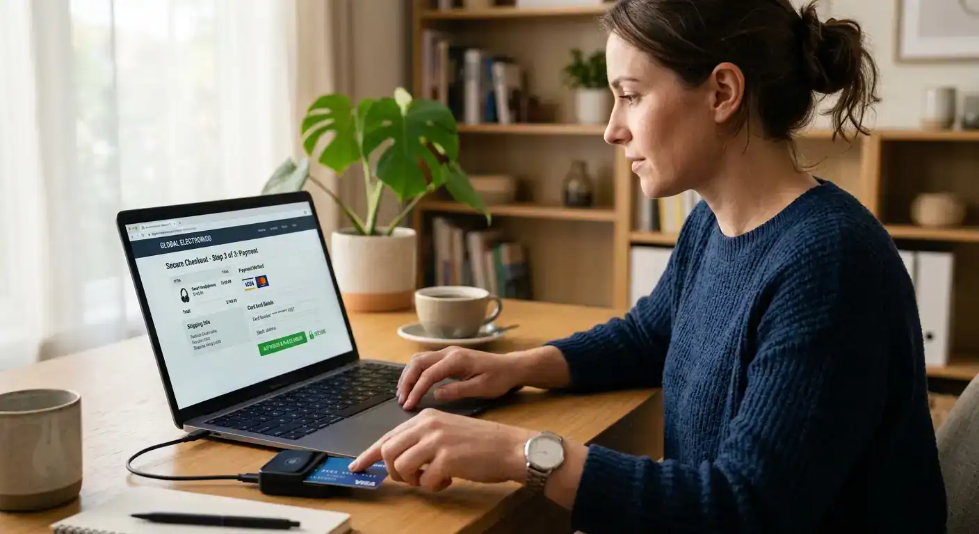Photorealistic view of a person using a credit card and laptop for online shopping, representing online shop development, secure payment gateways, and e-commerce checkout