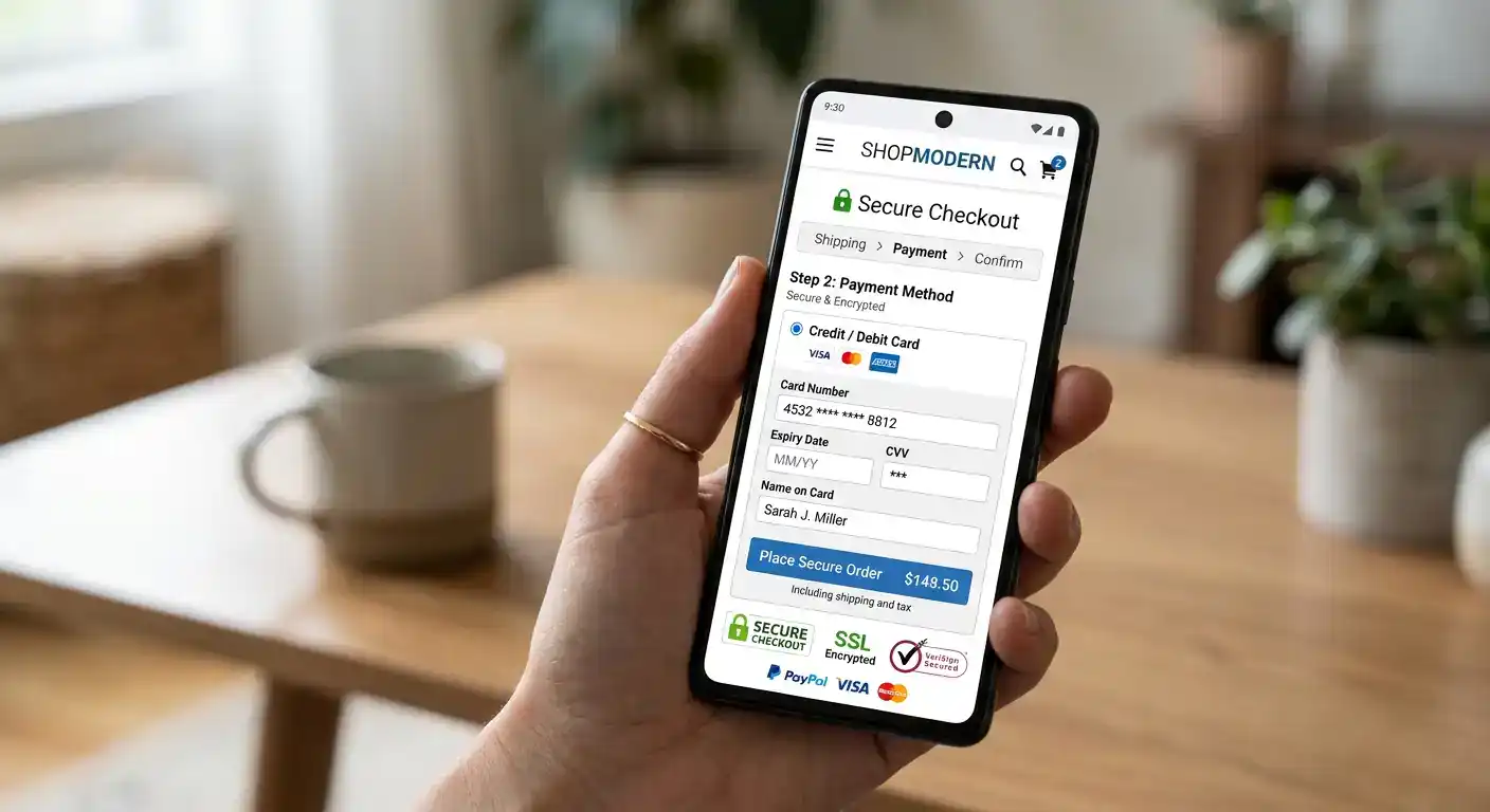 Photorealistic smartphone showing an online store interface with responsive design, mobile checkout, and secure payment processing