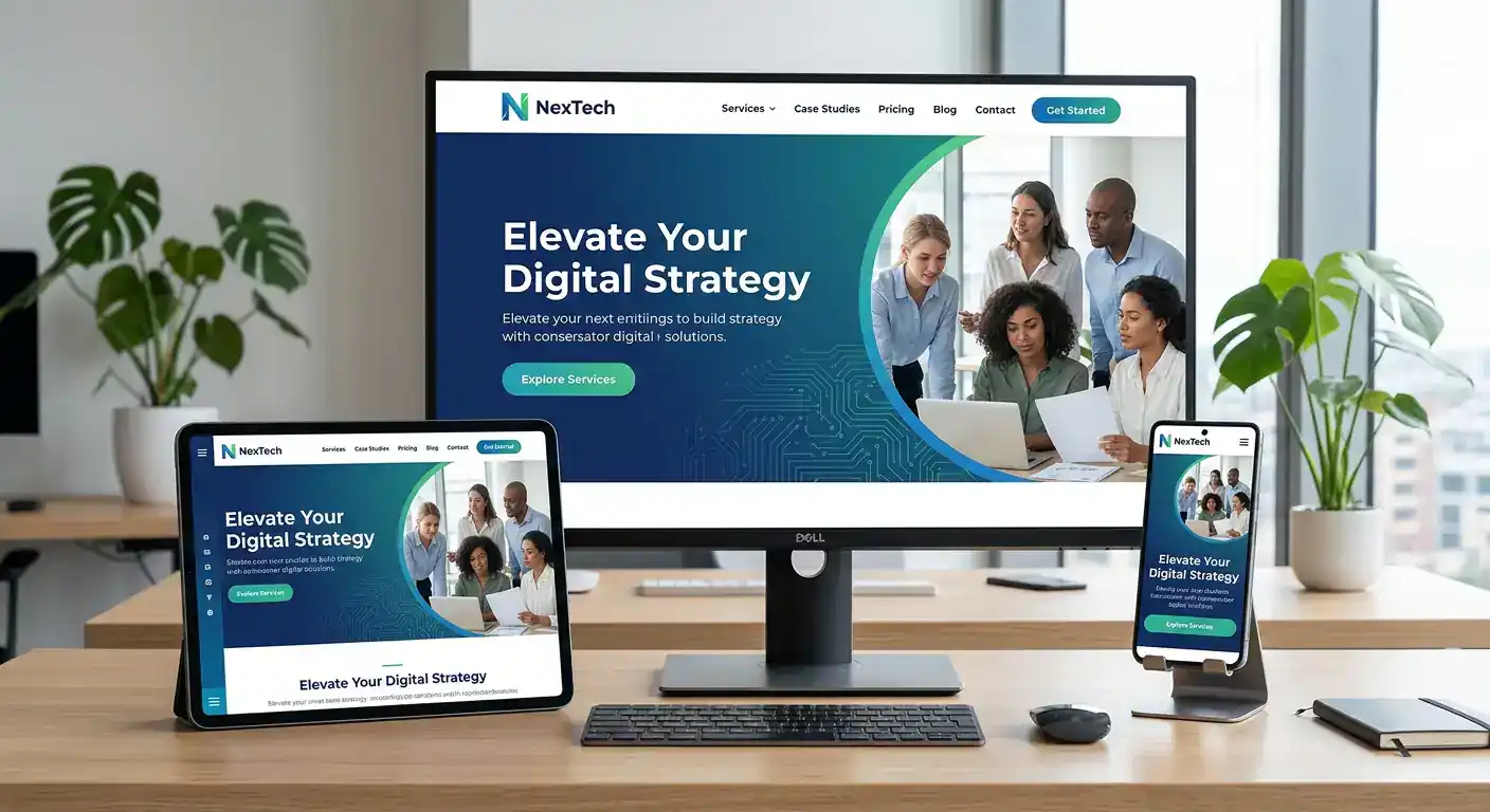 A responsive business website displayed on desktop, tablet, and smartphone with modern UI design
