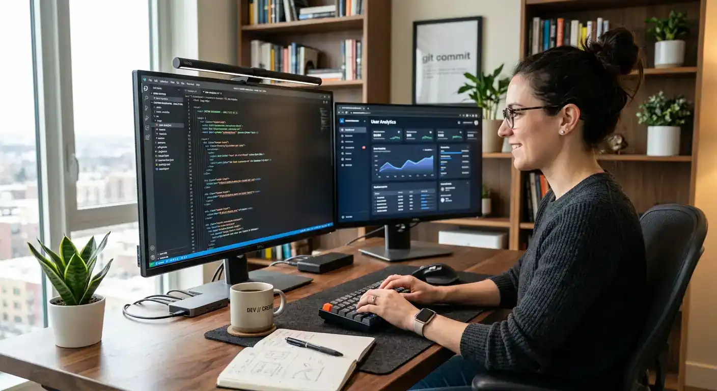 A professional developer working on a custom website dashboard with clean workspace, premium lighting, realistic photography
