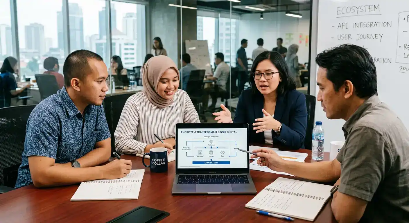 Tim kerja sedang mendiskusikan strategi ekosistem transformasi bisnis digital di depan laptop