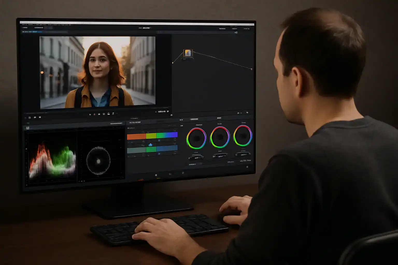 Seseorang sedang mengedit video profesional dengan software color grading
