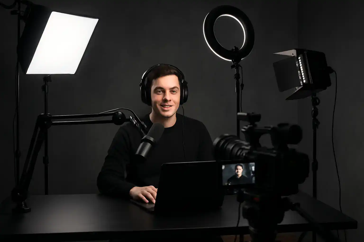 Setup studio live streaming profesional dengan pencahayaan dan kamera