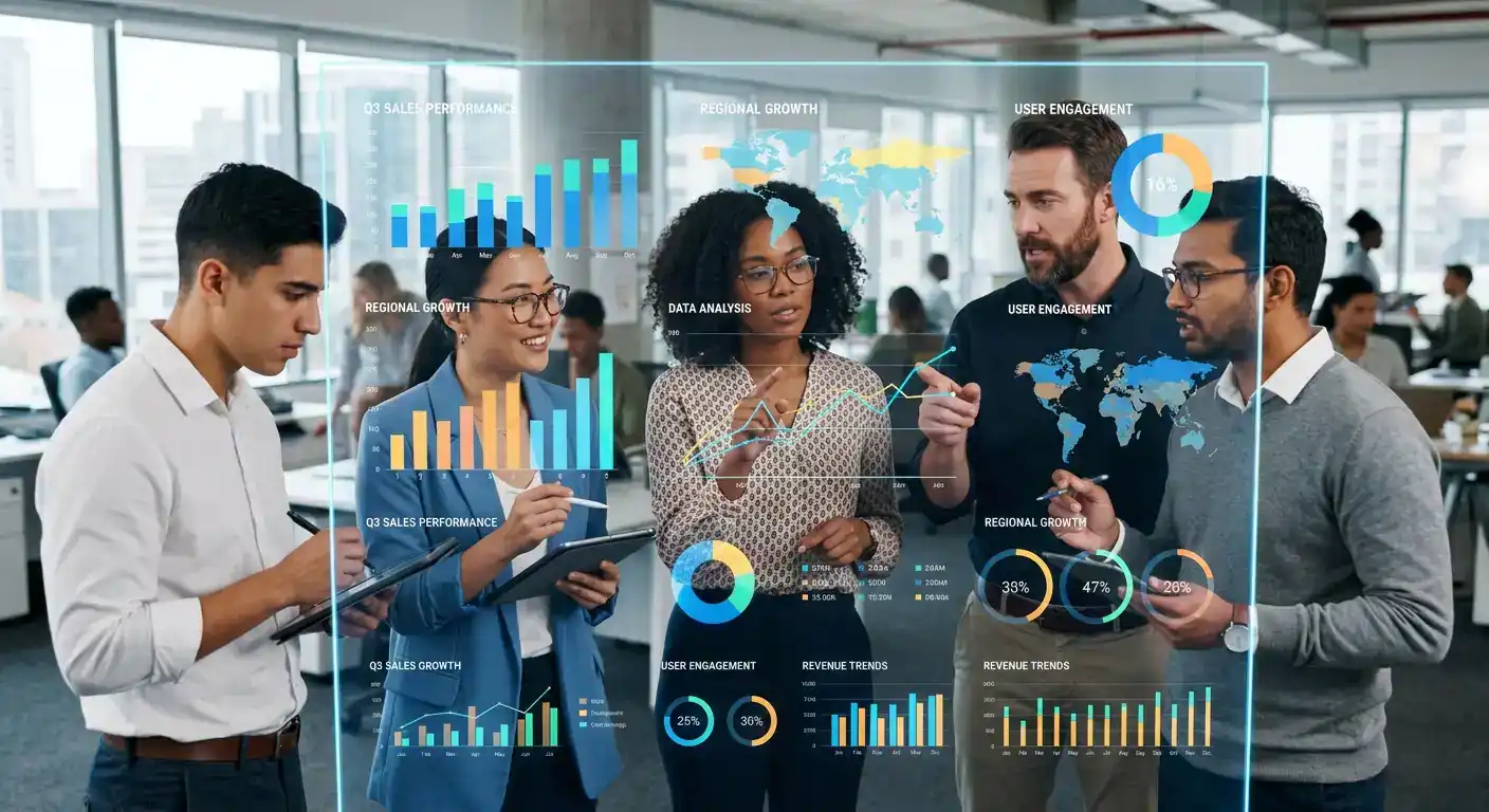 Tim bisnis beragam menganalisis data pada layar kaca transparan