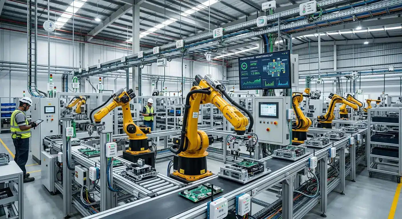 Pabrik pintar dengan lengan robotik dan sensor IoT