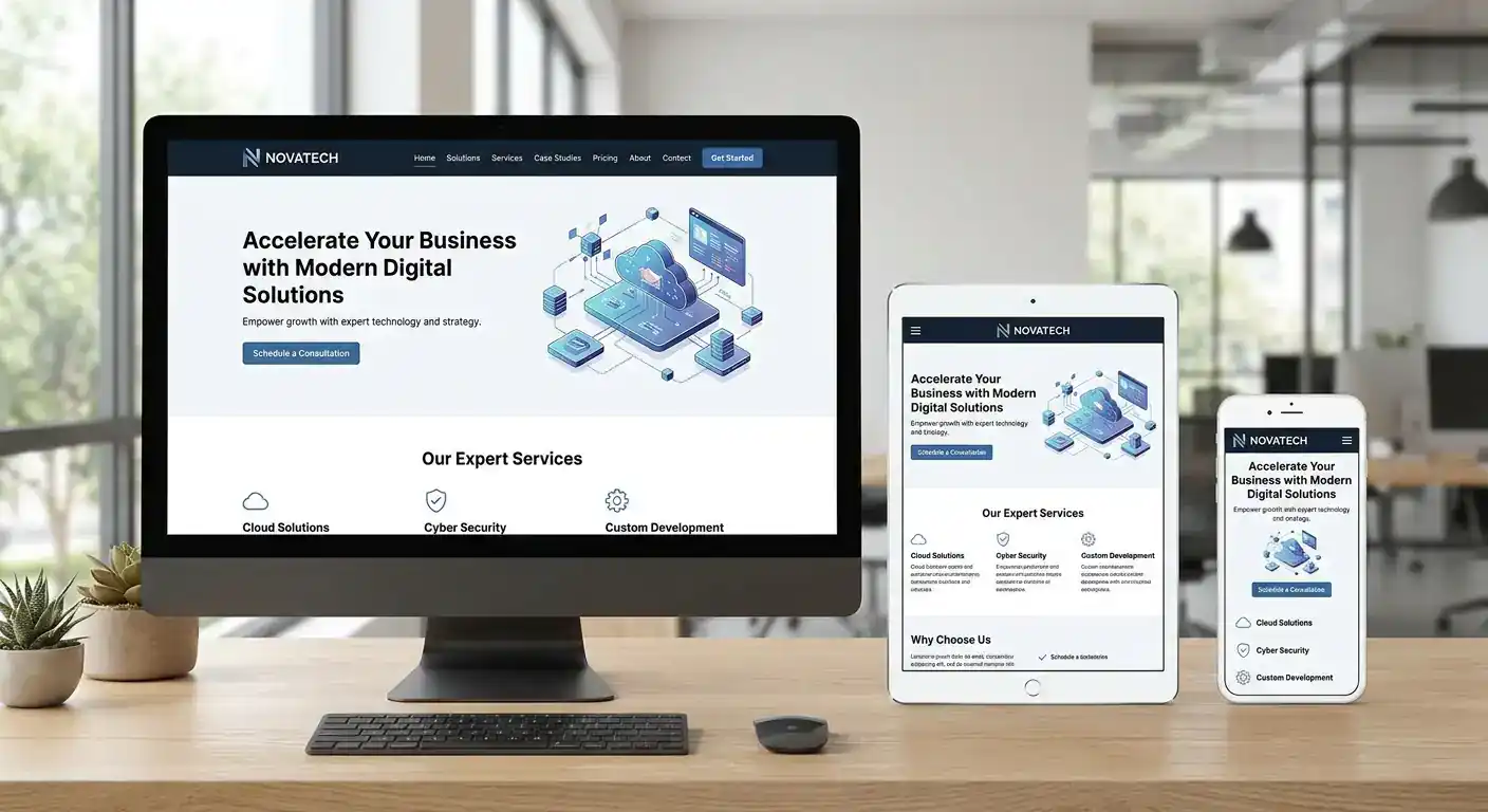 Tampilan website bisnis responsif modern pada perangkat desktop, tablet, dan smartphone