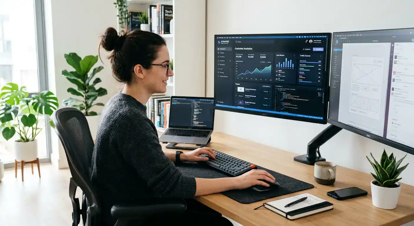 Pengembang web profesional bekerja di depan dashboard website custom dengan ruang kerja bersih dan modern